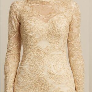 Ivory Gold Sequin Lace Long Sleeve Bodycon Dress